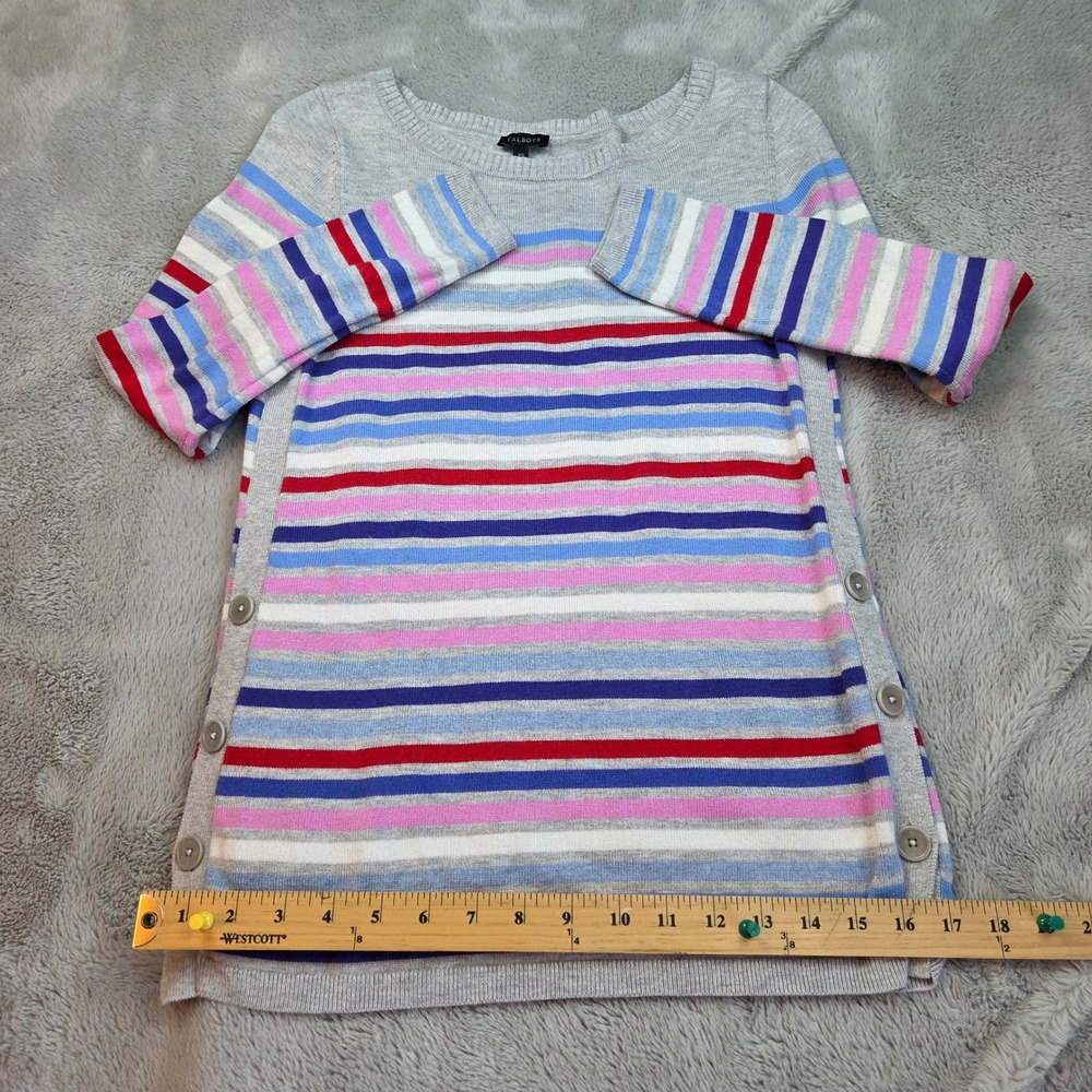Talbots Striped Crew Neck Sweater Womens XS Gray Blue Pink Side Button Detail